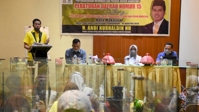 Wakil Ketua DPRD Makassar, Andi Nurhaldin NH sosialisasikan Perda Perlindungan, Pemberdayaan Pasar Tradisional dan Penataan Pasar Modern, di Hotel Continent, Minggu (16/8/2020).