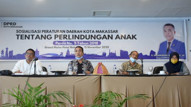 Anggota DPRD Makassar, Hasanuddin Leo sosialisasikan Perda Perlindungan Anak, di Hotel D'Maleo, Minggu (15/11/2020).