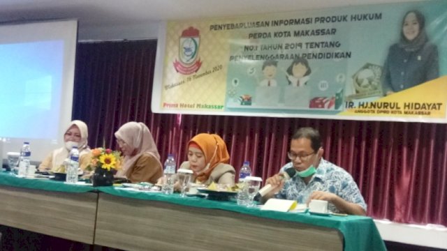 Anggota DPRD Makassar, Nurul Hidayat sosialisasikan Perda Penyelenggaraan Pendidikan, di Hotel Prima, Senin (16/11/2020).