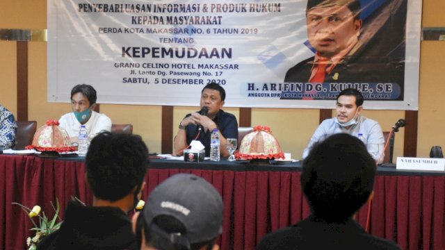 Anggota DPRD Makassar, Arifin Dg Kulle sosialisasikan Perda Kepemudaan, di Hotel Grand Celino, Sabtu (5/12/2020).