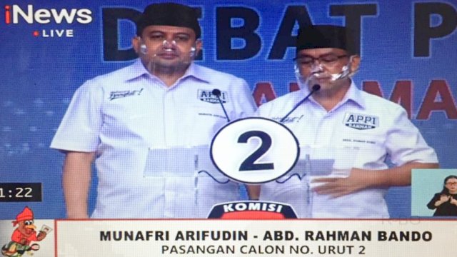 Pasangan Munafri Arifuddin-Abd Rahman Bando (Appi-Rahman) menjelaskan alasan wisma isolasi mandiri tidak beroperasi, saat debat publik, di Jakarta, Jumat (4/12/2020).