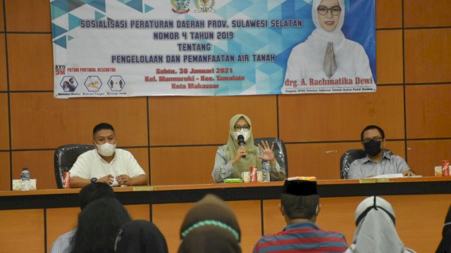 Anggota DPRD Sulsel, Andi Rachmatika Dewi sosialisasikan Perda Pengelolaan dan Pemanfaatan Air Tanah, di Balai Diklat Pemprov Sulsel, Jl AP Pettarani, Sabtu (30/1/2021).
