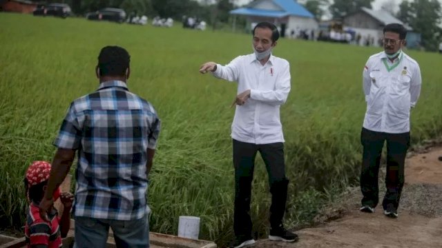 Dokumentasi - Presiden Joko Widodo (kedua kanan) didampingi Menteri Pertanian Syahrul Yasin Limpo (kanan) meninjau kesiapan irigasi lahan pertanian yang akan dijadikan pengembangan 'food estate' di Desa Belanti Siam, Kabupaten Pulang Pisau, Kalimantan Tengah, Kamis (9/7/2020). ANTARA FOTO/Makna Zaezar/aww.