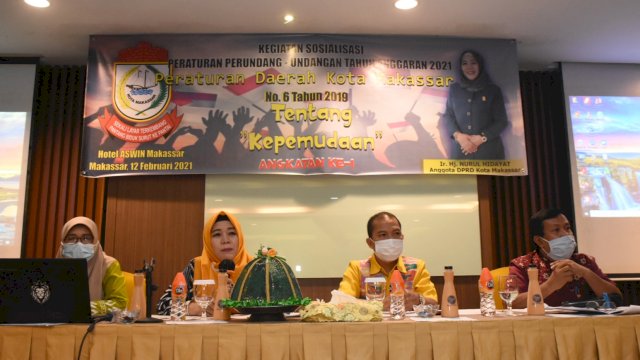 Anggota DPRD Makassar, Nurul Hidayat sosialisasikan Perda Kepemudaan, di Hotel Aswin, Jl Latimojong, Jumat (12/2/2021).
