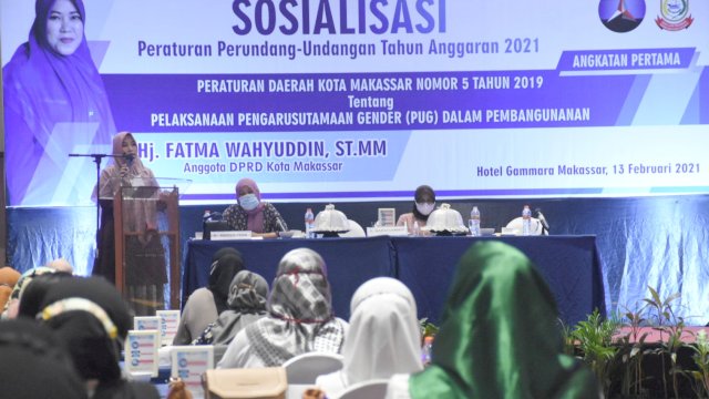Anggota DPRD Makassar, Fatma Wahyuddin Sosialisasikan Perda PUG, di Hotel Gammara, Jl Metro Tanjung Bunga, Sabtu (13/2/2021).