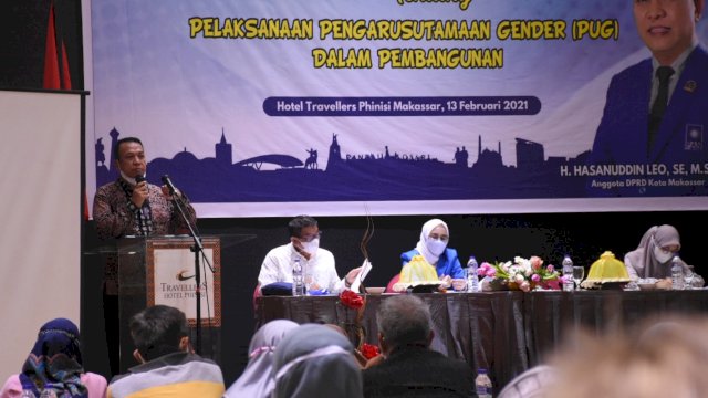 Anggota DPRD Makassar, Hasanuddin Leo sosialisasikan Pengarusutamaan Gender dalam Pembangunan, di Travelers Hotel, Jl Lamadukelleng Buntu, Sabtu (13/2/2021).
