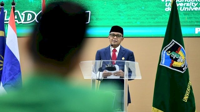 Gubernur Sulawesi Selatan Nurdin Abdullah saat pembukaan Milad UMI ke 67 tahun, di Kampus UMI, Senin (1/2/2021).