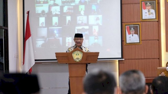 Wakil Bupati Gowa H Abd Rauf Malaganni membuka Bimbingan Teknis Penyusunan Laporan Penyelenggaraan Pemerintahan Daerah (LPPD) Kabupaten Gowa Tahun Anggaran 2020 di Baruga Karaeng Galesong, Kantor Bupati Gowa, Rabu (3/2/2021).