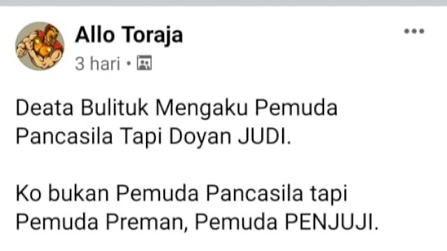 Ciutan Akun Allo Toraja yang menghina Ormas Pemuda Pancasila sebagai Pemuda "Preman dan Penjudi"