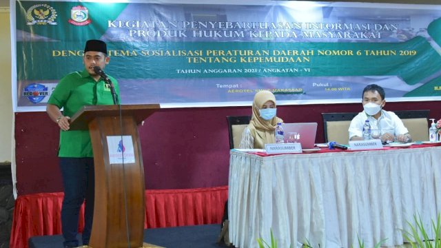 Anggota DPRD Makassar, Rachmat Taqwa Quraisy sosialisasikan Perda Kepemudaan, di Hotel Aerotel Smile, Jalan Somba Opu, Sabtu (1/5/2021).
