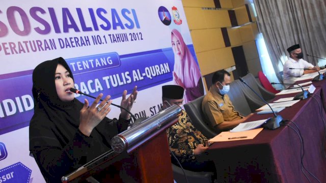 Anggota DPRD Makassar, Fatma Wahyuddin sosialisasikan Perda Baca Tulis Alquran, di Hotel Aston, Senin (10/5/2021).
