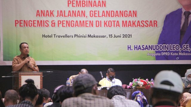 Anggota DPRD Makassar, Hasanuddin Leo sosialisasikan Perda Pembinaan Anak Jalanan, Gelandangan, Pengemis dan Pengamen, Selasa (15/6/2021).