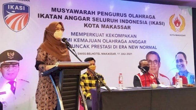 Ketua IKASI Sulsel, Rachmatika Dewi, saat menghadiri Mubes IKASI Makassar, Minggu (11/7/2021).