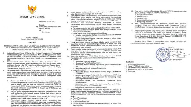 Surat Edaran Bupati Luwu Utara tentang Penerapan PPKM Level 3 di Wilayah Kabupaten Luwu Utara.