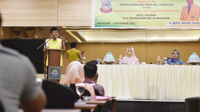 Ketua Komisi D DPRD Makassar, Abd Wahab Tahir sosialisasikan Perda Tanggung Jawab Sosial dan Lingkungan Perusahaan (TSLP) di Hotel Pessona, Rabu (1/9/2021).