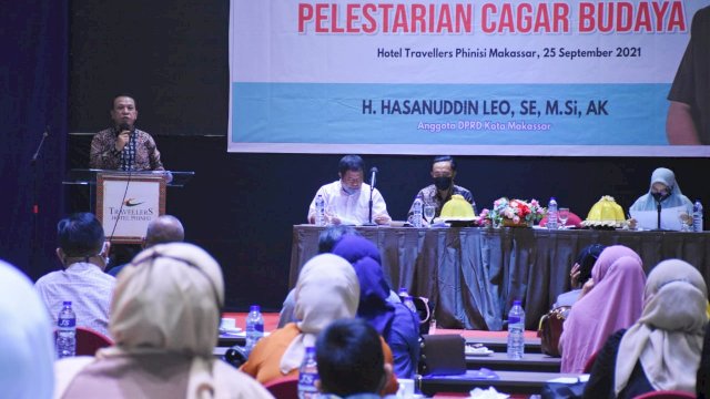 Anggota DPRD Makassar, Hasanuddin Leo sosialisasikan Perda Pelestarian Cagar Budaya, di Hotel Travelers, Sabtu (25/9/2021).