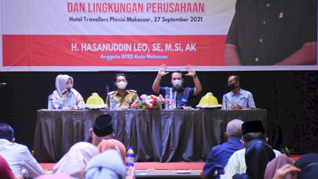 Anggota DPRD Makassar, Hasanuddin Leo sosialisasikan Perda Tanggung Jawab Sosial dan Lingkungan Perusahaan (TSLP) di Hotel Traveler Phinisi, Senin (27/9/2021).