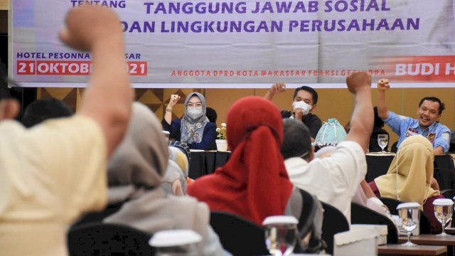 Legislator Gerindra Makassar, Budi Hastuti sosialisasikan Perda Tanggung Jawab Sosial dan Lingkungan Perusahaan (TSLP), di Hotel Pessona, Kamis (21/10/2021).