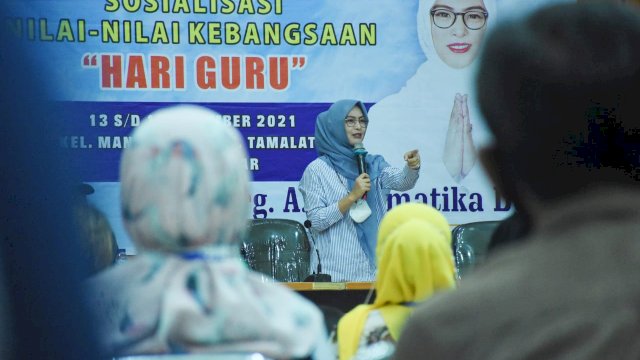 Ketua Komisi B DPRD Makassar, Andi Rachmatika Dewi sosialisasikan Nilai-nilai Kebangsaan tentang Hari Guru, di Aula BKPSDM Sulsel, Rabu (15/12/2021).