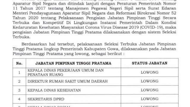 5 Jabatan Pimpinan SKPD Lowong, Pemkab Gowa Buka Seleksi Terbuka