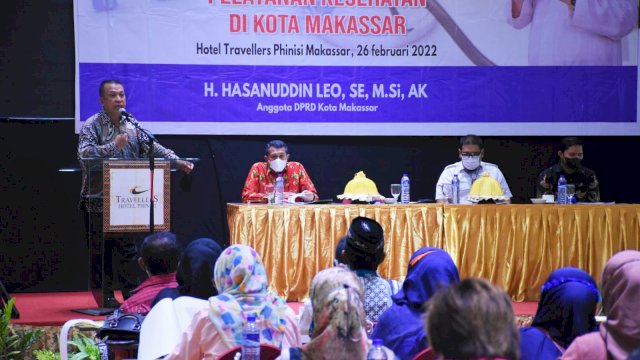 Anggota DPRD Makasar, Hasanuddin Leo sosialisasikan Perda Pelayanan Kesehatan di Kota Makassar, di Hotel Travelers, Jl Lamadukelleng Buntu, Sabtu (26/2/2022).