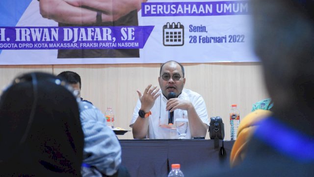 Legislator NasDem Makassar, Irwan Djafar sosialisasikan Perda Perusahaan Umum Daerah Air Minum, di Hotel Whiz Prime, Jl Jenderal Sudirman, Senin (28/2/2022).