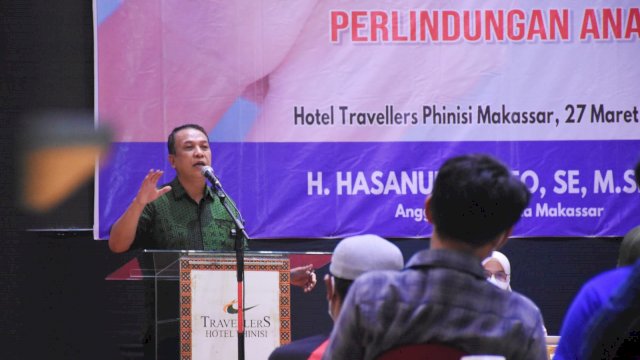 Anggota DPRD Makassar, Hasanuddin Leo sosialisasikan Perda Perlindungan Anak, di Hotel Travelers, Jl Lamadukelleng Buntu, Minggu (27/3/2022).