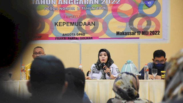 Anggota DPRD Makassar, Nurul Hidayat sosialisasikan Perda Kepemudaan, di Hotel Khas Makassar, Selasa (17/5/2022).