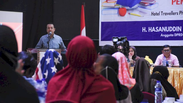 Anggota DPRD Makassar, Hasanuddin Leo sosialisasikan Perda Penyelenggaraan Pendidikan, di Hotel Travelers, Sabtu (4/6/2022).