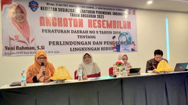 Anggota DPRD Makassar Fraksi PKS, Yeni Rahman sosialisasikan Perda Perlindungan dan Pengelolaan Lingkungan Hidup, di Hotel Golden Tulip, Minggu (19/6/2022).