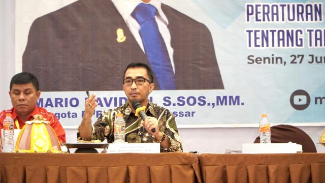 Anggota DPRD Makassar, Mario David sosialisasikan Perda Tanggung Jawab Sosial dan Lingkungan Perusahaan (TJLSP), di Hotel MaxOne, Senin (27/6/2022).