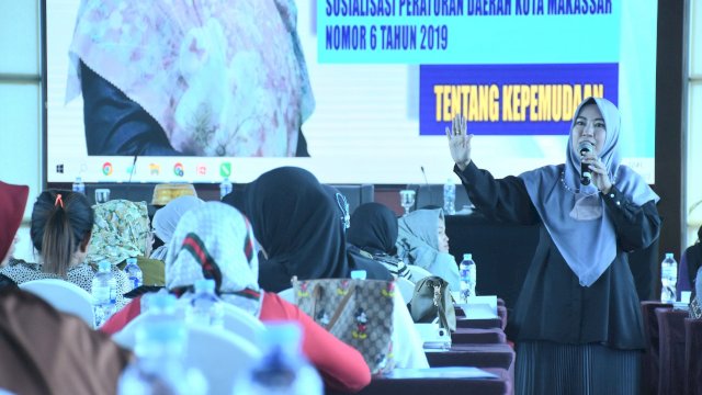 Anggota DPRD Makassar, Fatma Wahyuddin sosialisasikan Perda Kepemudaan, di Hotel Aston, Jl Sultan Hasanuddin, Rabu (29/6/2022).