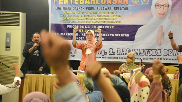 Ketua Komisi D DPRD Sulsel, Andi Rachmatika Dewi sosialisasikan Rencana Pembangunan Jangka Menengah Daerah (RPJMD) Sulsel Tahun 2018-2023, di Hotel Aswin, Jl Latimojong, Kamis (7/7/2022).