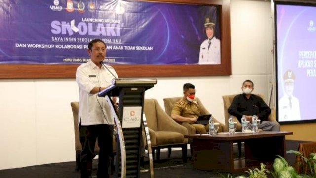 Sekretaris Daerah Kota Makassar M Ansar saat launching aplikasi Sikolaki di Hotel Claro, Kota Makassar, Selasa (30/8/2022).