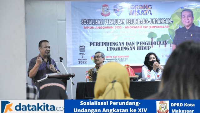 Anggota DPRD Makassar, Hasanuddin Leo sosialisasikan Perda Perlindungan dan Pengelolaan Lingkungan Hidup, di Hotel Royal Bay, Jalan Sultan Hasanuddin, Rabu (7/9/2022).