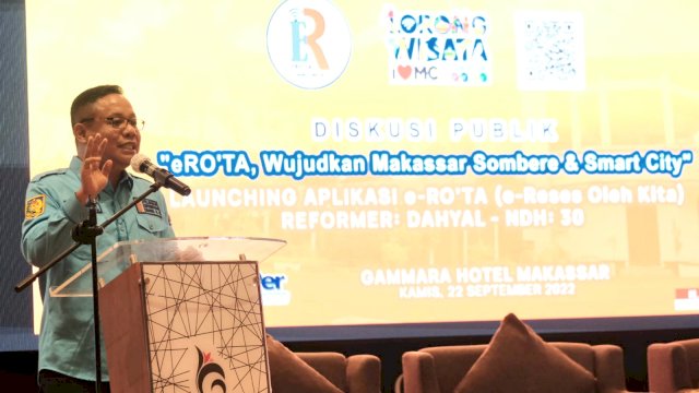 Sekertaris Dewan (Sekwan) DPRD Makassar, H Dahyal memberikan sambutan disela Launching Aplikasi e-Ro'Ta, saat Diskusi Publik, di Hotel Gammara, Kamis (22/9/2022).