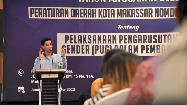 Anggota DPRD Makassar, Harry Kurnia Pakambanan sosialisasikan Perda Pengarustamaan Gender (PUG) dalam Pembangunan, di Hotel Harper, Jl Perintis Kemerdekaan, Jumat (30/9/2022).