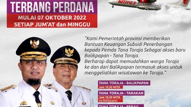 Penerbangan Toraja-Balikpapan Mulai Jumat Besok, Gubernur Berharap Tingkatkan Pariwisata dan Perekonomian