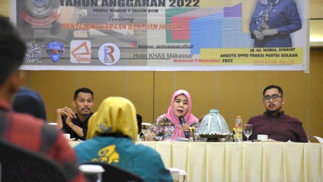 Anggota DPRD Makassar, Nurul Hidayat sosialisasikan Perda Penyelenggaraan Bantuan Hukum, di Hotel Khas Makassar, Jl Andi Mappanyukki, Sabtu (5/11/2022).