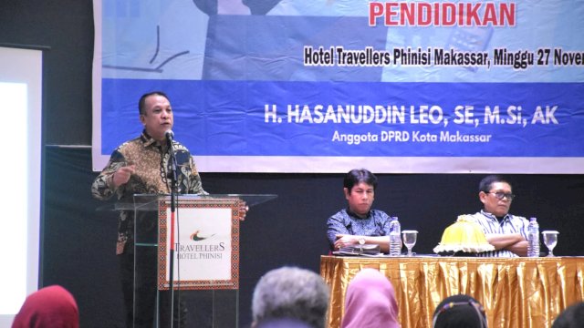 Anggota DPRD Makassar, Hasanuddin Leo sosialisasikan Perda Penyelenggaraan Pendidikan, di Hotel Travelers, Jl Lamadukelleng Buntu, Minggu (27/11/2022).