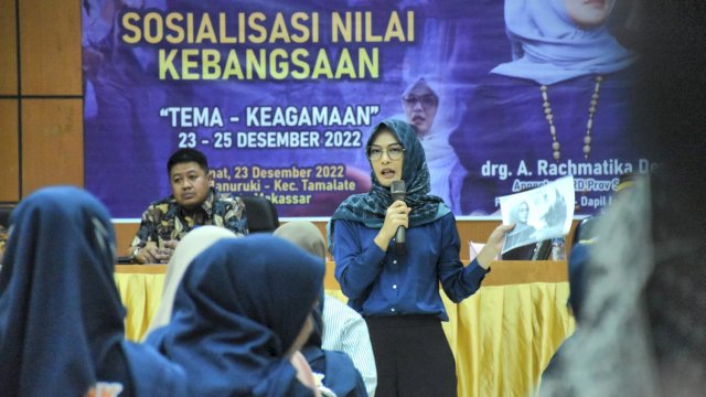 Ketua Komisi D DPRD Sulsel, Andi Rachmatika Dewi sosialisasi Nilai-Nilai Kebangsaan "Keagamaan" di Gedung BPSDM Sulsel, Kelurahan Manuruki, Kecamatan Tamalate, Makassar, Jumat (23/12/2022).