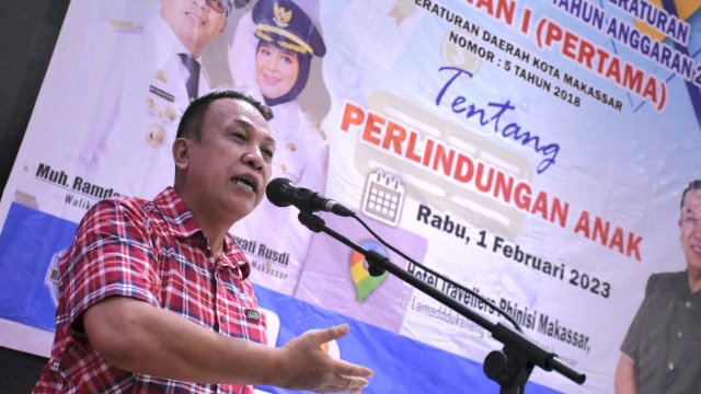 Anggota DPRD Makassar, Hasanuddin Leo sosialisasikan Perda Perlindungan Anak, di Hotel Travelers, Jl Lamadukelleng Buntu, Rabu (1/2/2023).