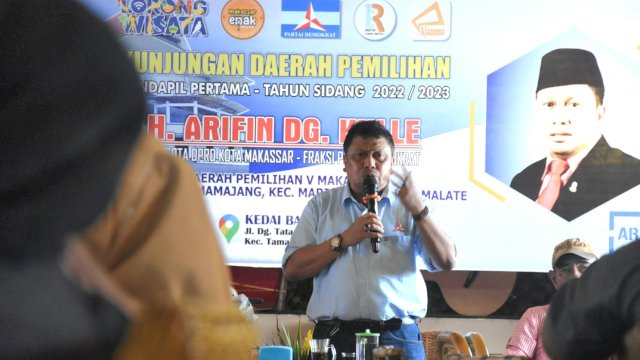 Anggota DPRD Makassar, Arifin Dg Kulle melakukan Kunjungan Daerah Pemilihan (Kundapil) di Kedai Balla Rate, Jalan Dg Tata Raya, Senin (29/5/2023).