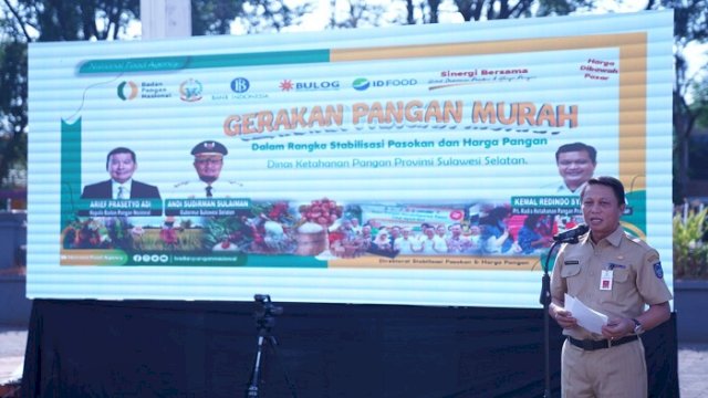 Penjabat (Pj) Sekretaris Daerah Provinsi Sulsel, Andi Darmawan Bintang, melaunching Gerakan Pangan Murah Serentak yang dipusatkan di Monumen Mandala, Kota Makassar, hari ini, Senin (26/6/2023).