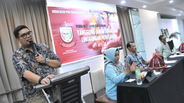 Anggota DPRD Makassar, Andi Pahlevi sosialisasikan Perda Tanggung Jawab Sosial dan Lingkungan Perusahaan (TSLP), di Hotel Royal Bay Makassar, Minggu (9/7/2023).