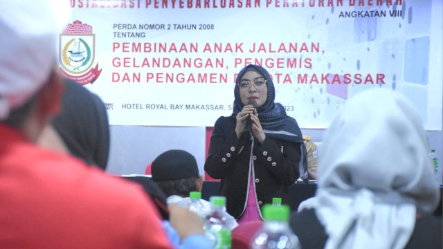 Anggota DPRD Makassar, Budi Hastuti sosialisasikan Perda Pembinaan Anak Jalanan Gelandangan, Pengemis, dan Pengamen, di Hotel Royal Bay, Jalan Sultan Hasanuddin, Senin (10/7/2023).