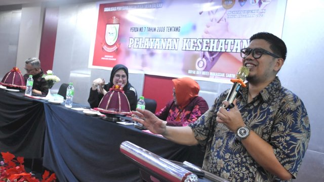 Anggota DPRD Makassar, Andi Pahlevi sosialisasikan Perda Pelayanan Kesehatan Kota Makassar, di Hotel Royal Bay, Jl Hasanuddin, Sabtu (26/8/2023).