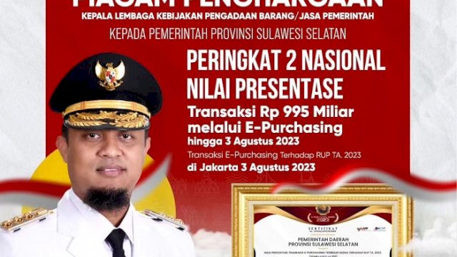 E-Katalog Sulsel Meningkat Rp995 Miliar, Gubernur Diganjar Penghargaan Terbaik 2 Nasional dari LKPP