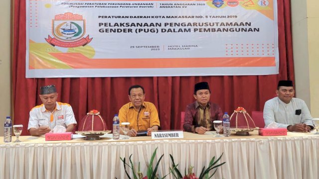 Anggota DPRD Makassar, HM Yunus sosialisasikan Perda Pengarusutamaan Gender (PUG) dalam Pembangunan, di Hotel Marina, Jl Andalas, Jumat (29/9/2023).