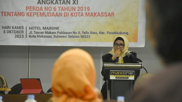 Anggota DPRD Makassar, Apiaty Amin Syam sosialisasikan Perda Kepemudaan, di Hotel Maxone, Jl Taman Makam Pahlawan, Kamis (5/10/2023).